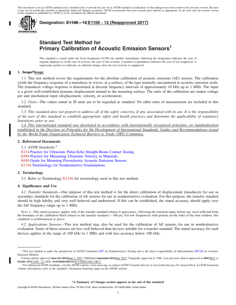 REDLINE ASTM E1106-12(2017) - Standard Test Method for  Primary Calibration of Acoustic Emission Sensors