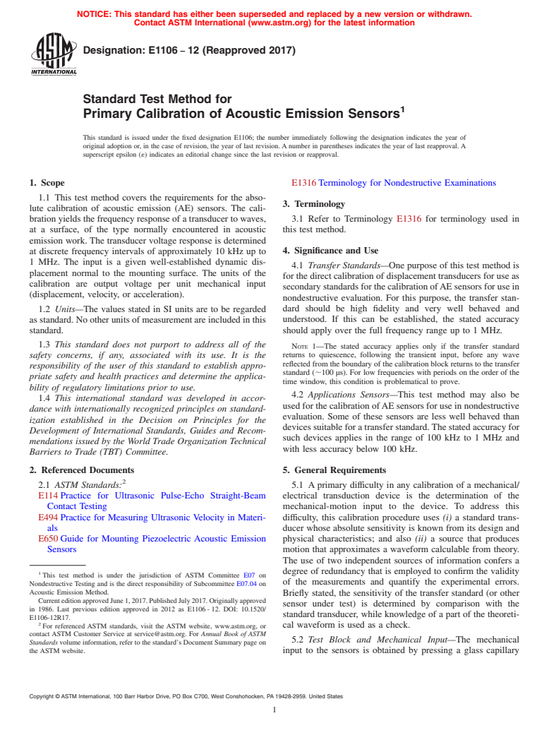 ASTM E1106-12(2017) - Standard Test Method for  Primary Calibration of Acoustic Emission Sensors