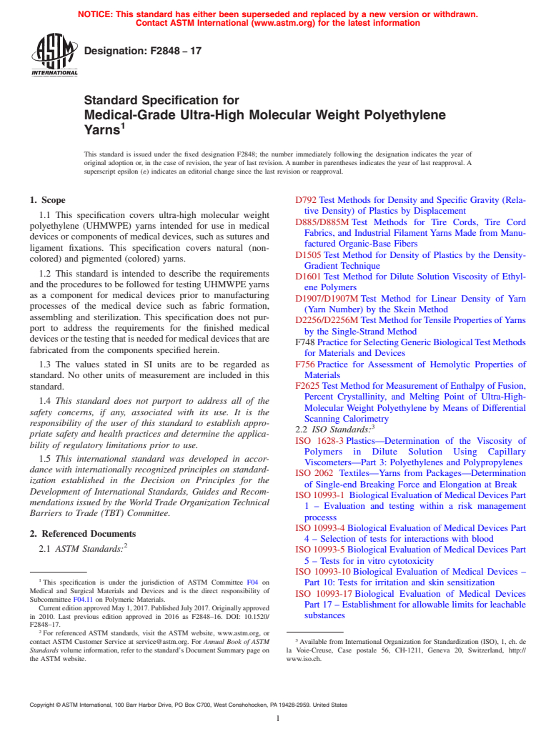 ASTM F2848-17 - Standard Specification for  Medical-Grade Ultra-High Molecular Weight Polyethylene Yarns