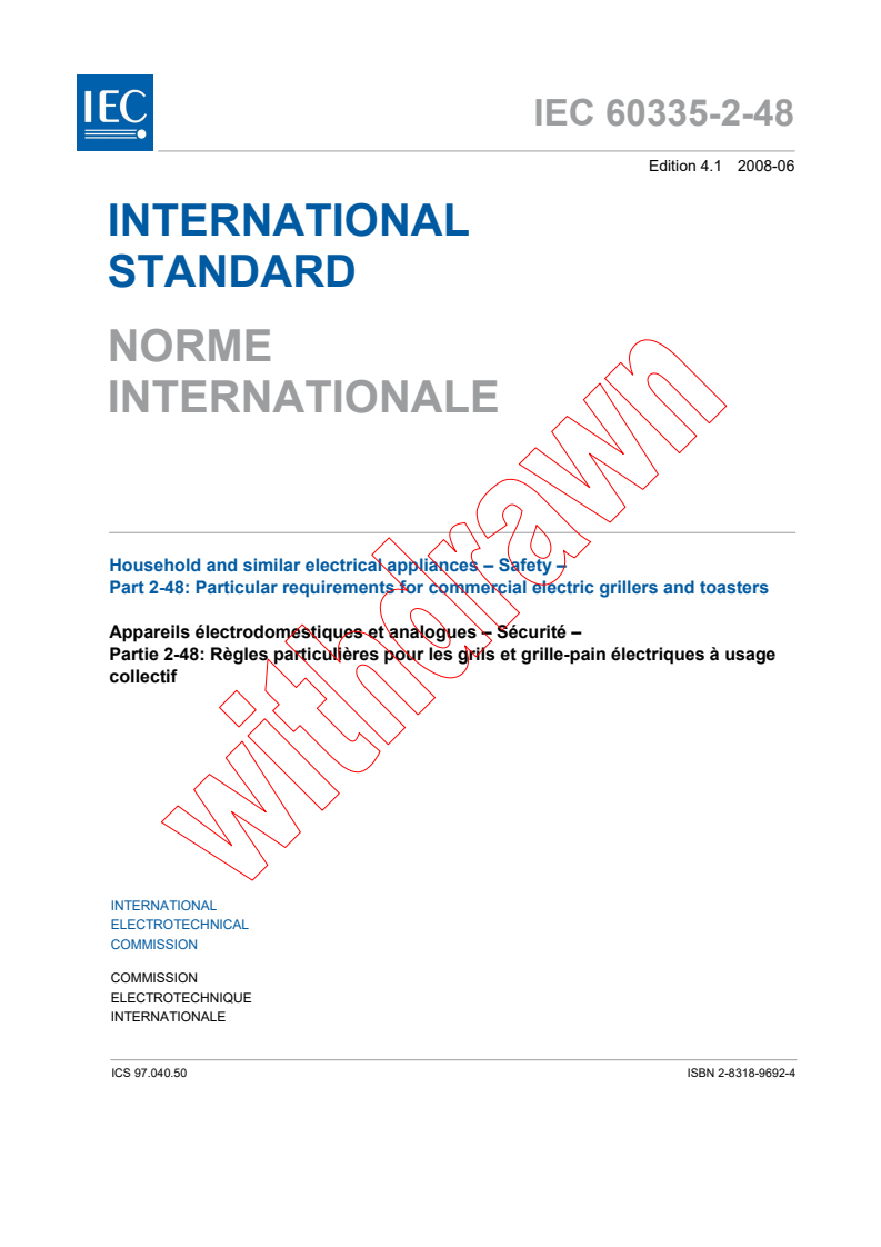 IEC 60335-2-48:2002+AMD1:2008 CSV - Household and similar electrical appliances - Safety - Part 2-48: Particular requirements for commercial electric grillers and toasters
Released:6/25/2008
Isbn:2831896924