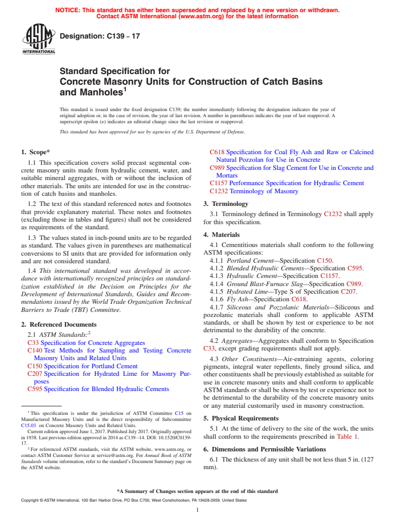 ASTM C139-17 - Standard Specification for  Concrete Masonry Units for Construction of Catch Basins and   Manholes