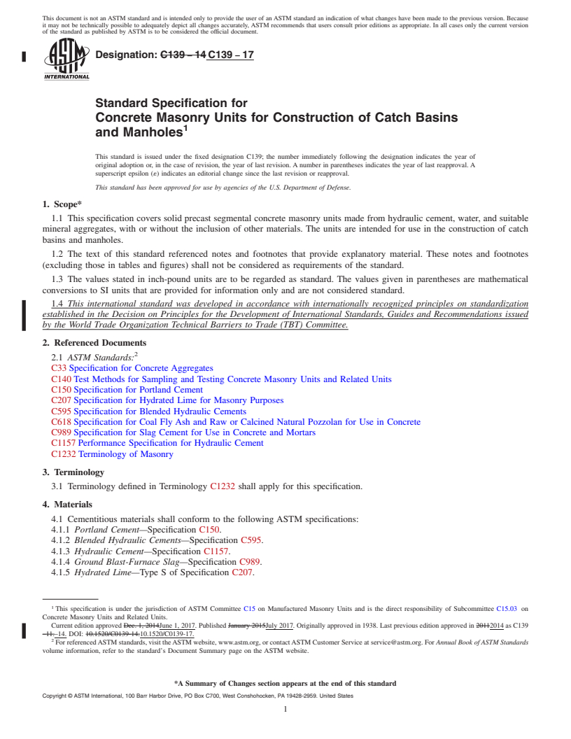 REDLINE ASTM C139-17 - Standard Specification for  Concrete Masonry Units for Construction of Catch Basins and   Manholes