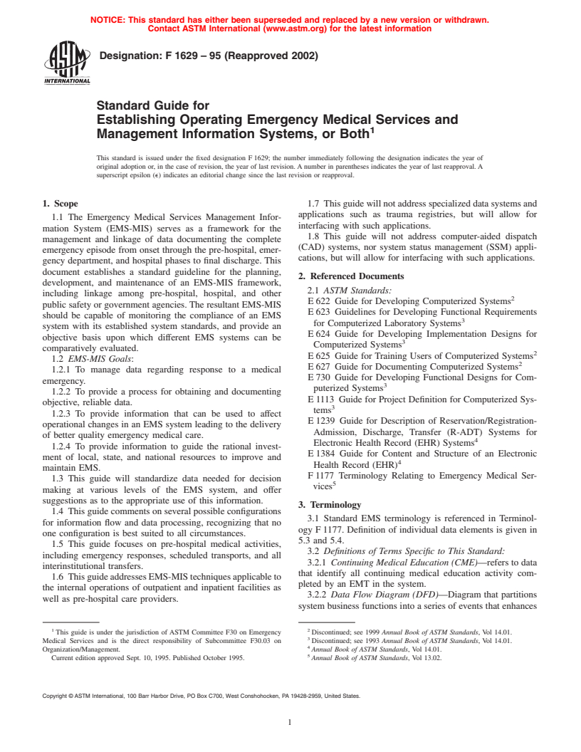 ASTM F1629-95(2002) - Standard Guide for Establishing Operating Emergency Medical Services and Management Information Systems, or Both