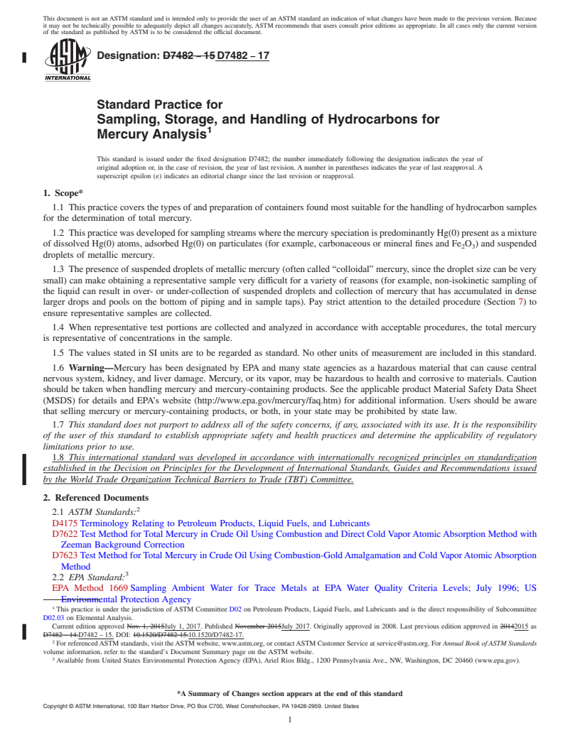 REDLINE ASTM D7482-17 - Standard Practice for  Sampling, Storage, and Handling of Hydrocarbons for Mercury  Analysis