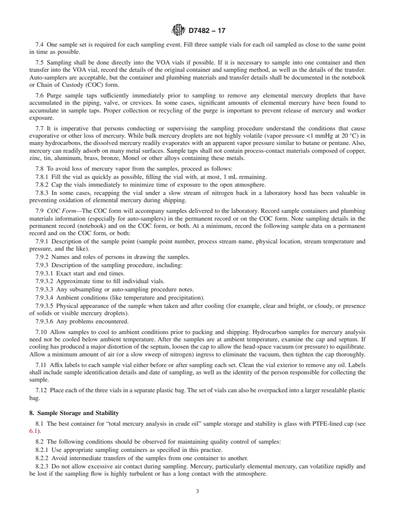 REDLINE ASTM D7482-17 - Standard Practice for  Sampling, Storage, and Handling of Hydrocarbons for Mercury  Analysis