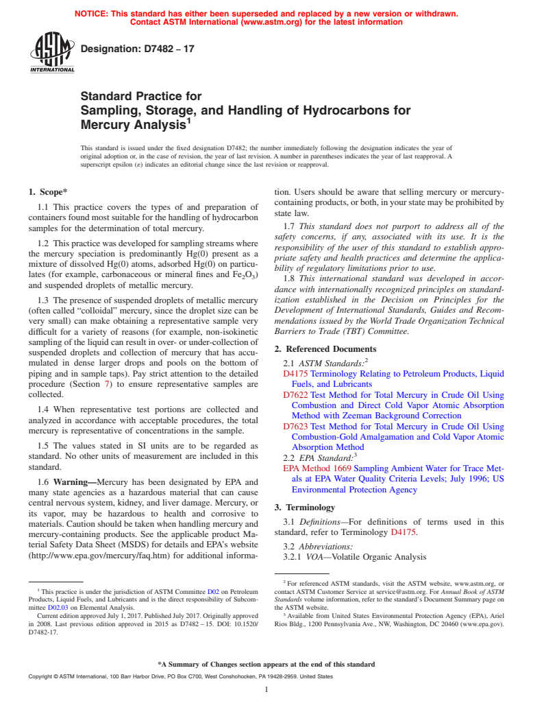 ASTM D7482-17 - Standard Practice for  Sampling, Storage, and Handling of Hydrocarbons for Mercury  Analysis