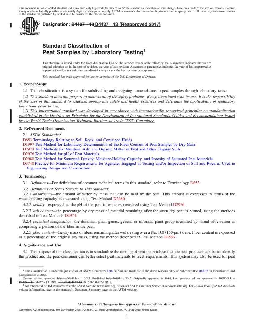 REDLINE ASTM D4427-13(2017) - Standard Classification of  Peat Samples by Laboratory Testing