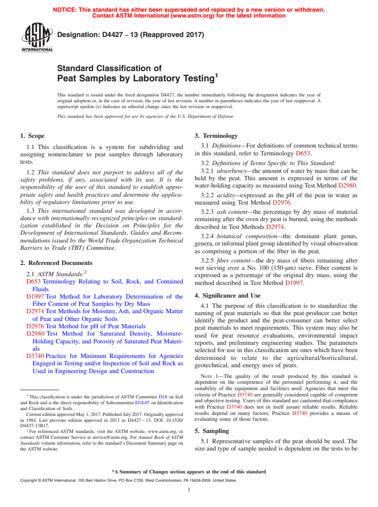 ASTM D4427-13(2017) - Standard Classification of  Peat Samples by Laboratory Testing