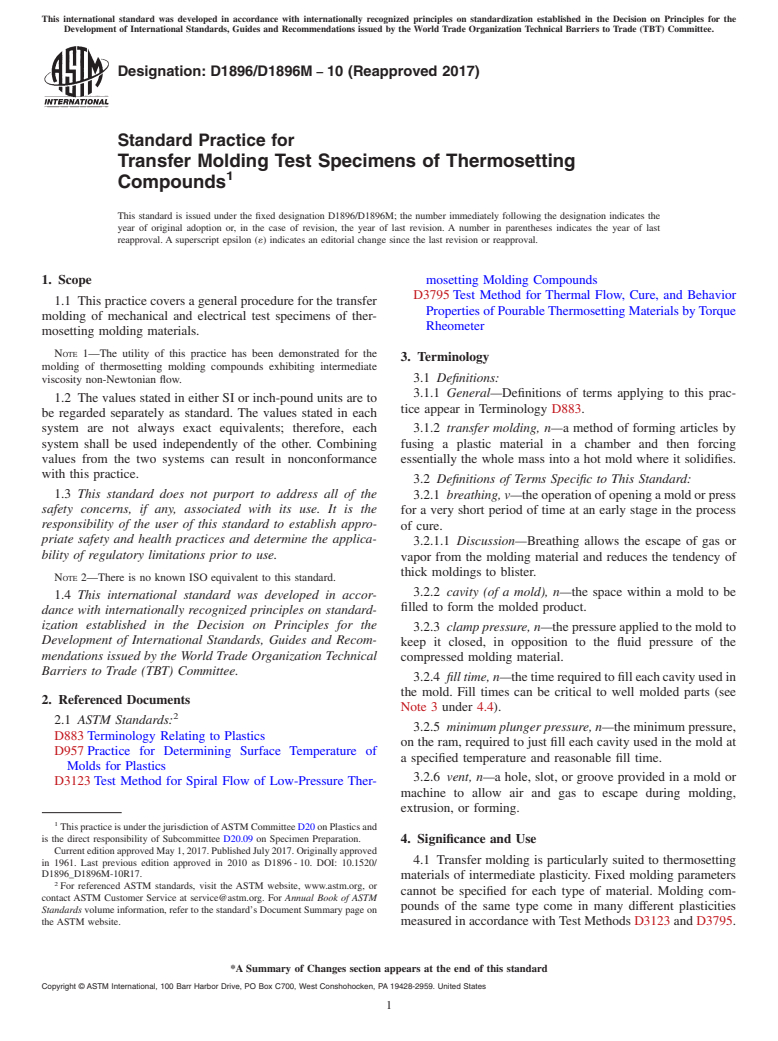 ASTM D1896/D1896M-10(2017) - Standard Practice for  Transfer Molding Test Specimens of Thermosetting Compounds