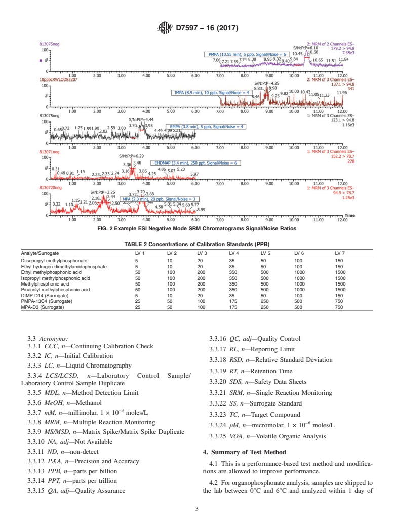 ASTM D7597-16(2017) - Standard Test Method for  Determination of Diisopropyl Methylphosphonate, Ethyl Hydrogen   Dimethylamidophosphate, Ethyl Methylphosphonic Acid, Isopropyl Methylphosphonic   Acid, Methylphosphonic Acid and Pinacolyl Methylphosphonic Acid in   Water by Liquid Chromatography/Tandem Mass Spectrometry