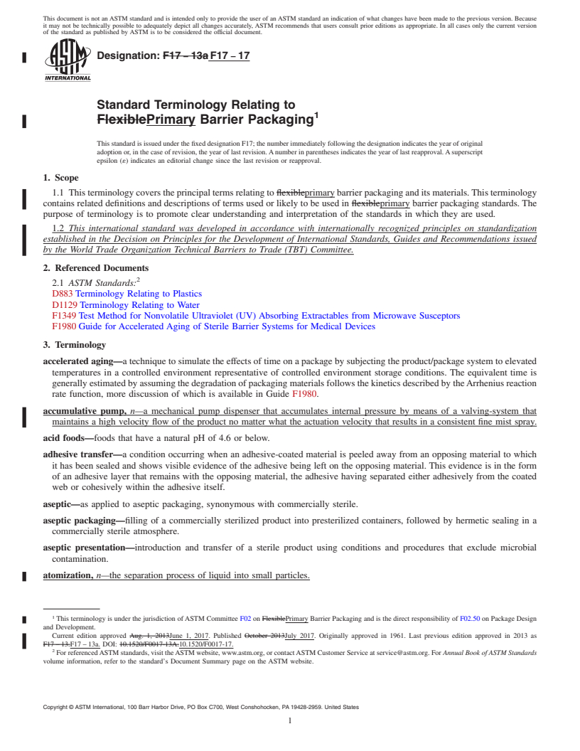 REDLINE ASTM F17-17 - Standard Terminology Relating to  Primary Barrier Packaging