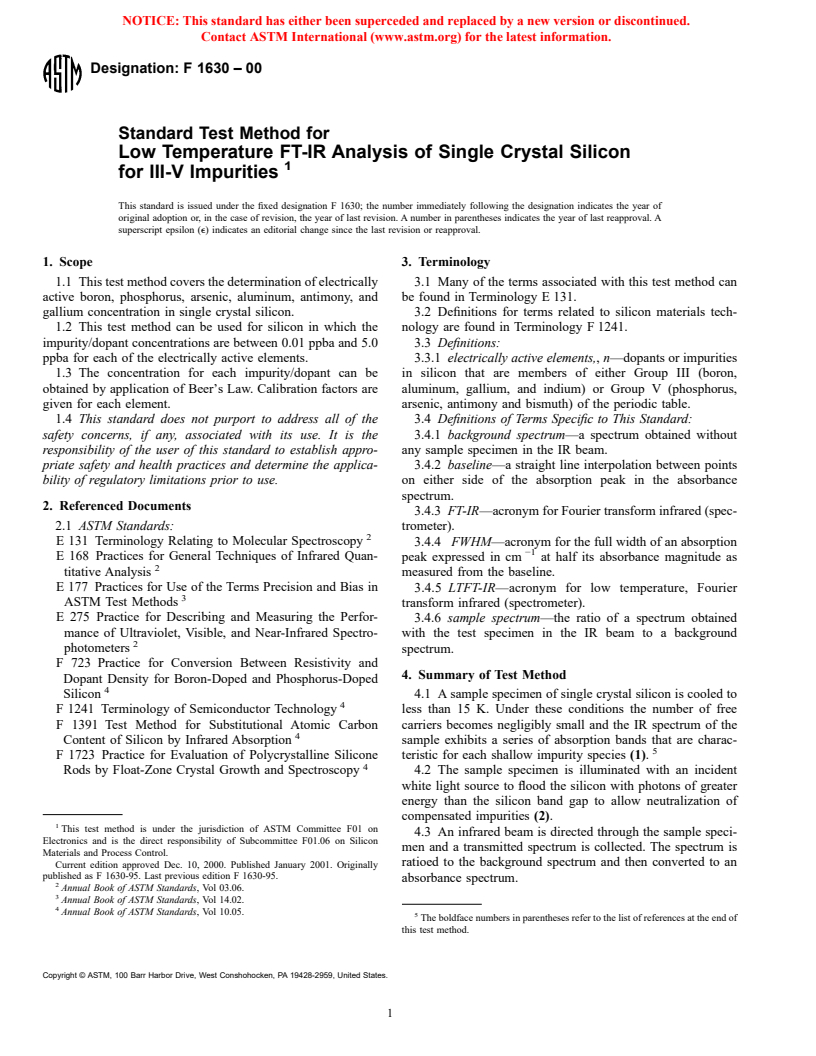 ASTM F1630-00 - Standard Test Method for Low Temperature FT-IR Analysis of Single Crystal Silicon for III-V Impurities (Withdrawn 2003)