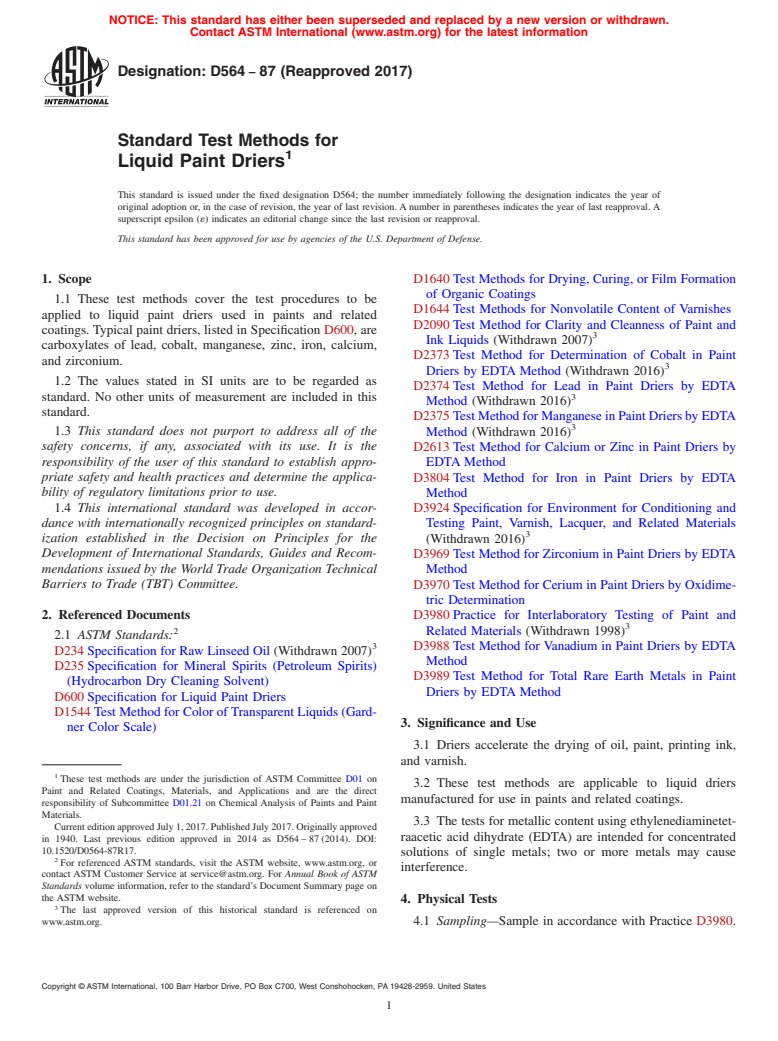 ASTM D564-87(2017) - Standard Test Methods for Liquid Paint Driers