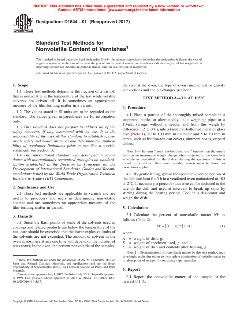 ASTM D1644-01(2017) - Standard Test Methods for Nonvolatile Content of Varnishes