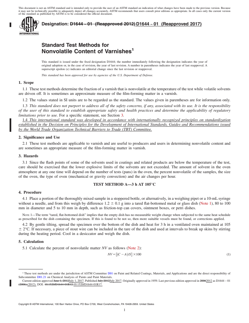 REDLINE ASTM D1644-01(2017) - Standard Test Methods for Nonvolatile Content of Varnishes