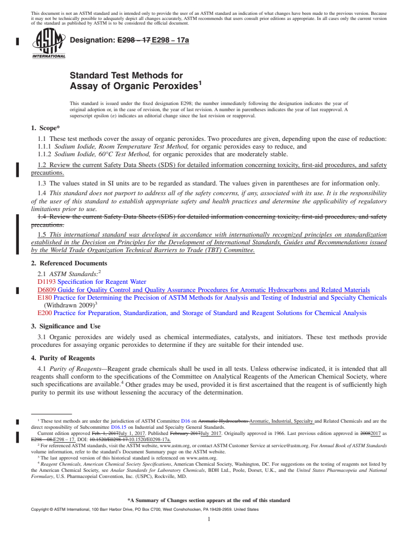 REDLINE ASTM E298-17a - Standard Test Methods for Assay of Organic Peroxides