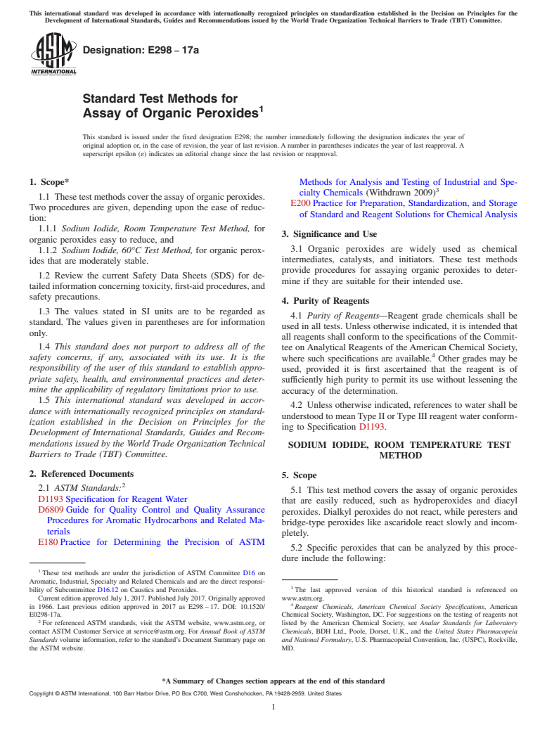 ASTM E298-17a - Standard Test Methods for Assay of Organic Peroxides