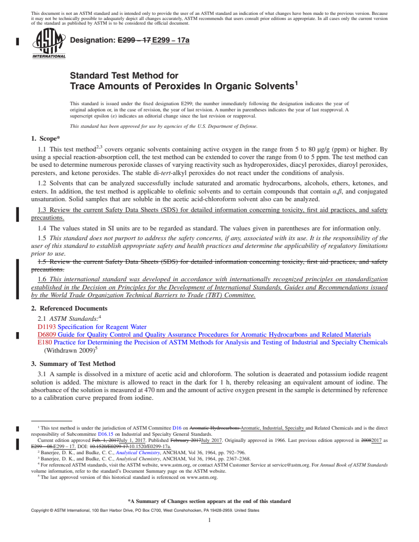 REDLINE ASTM E299-17a - Standard Test Method for Trace Amounts of Peroxides In Organic Solvents