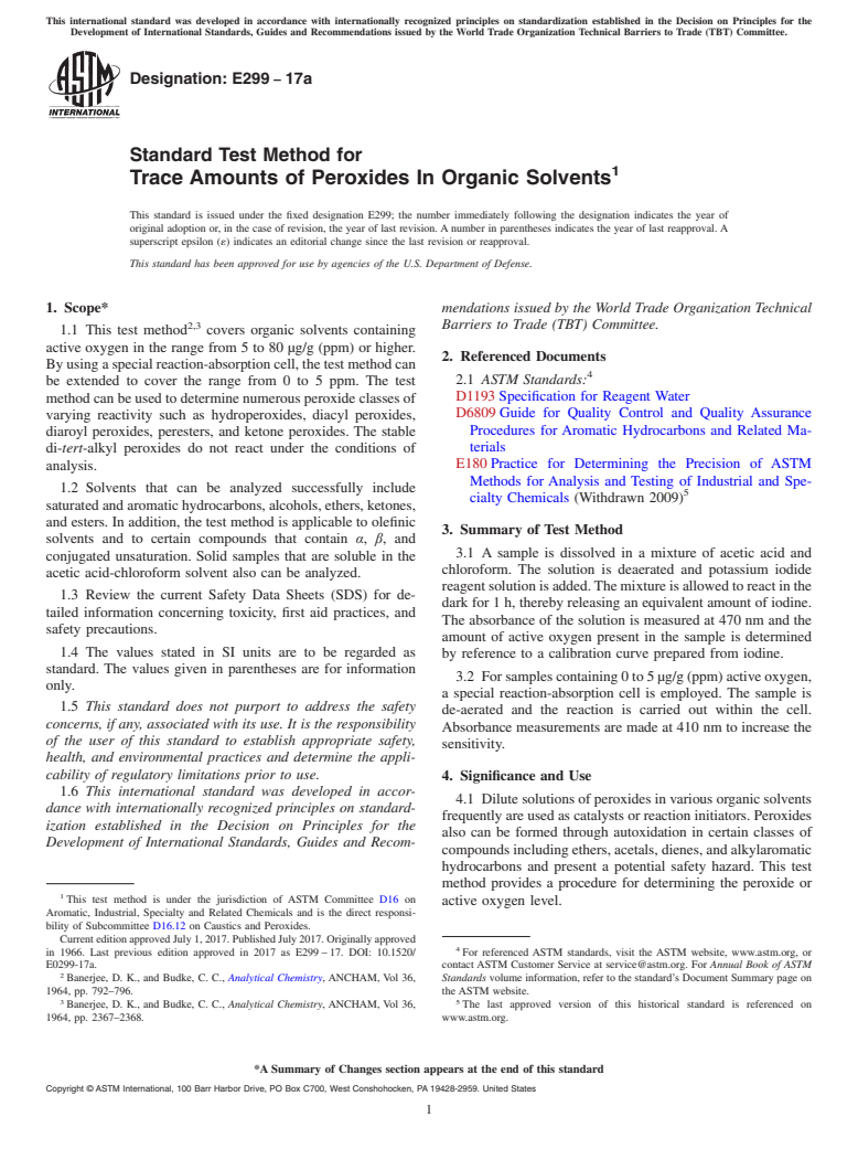 ASTM E299-17a - Standard Test Method for Trace Amounts of Peroxides In Organic Solvents