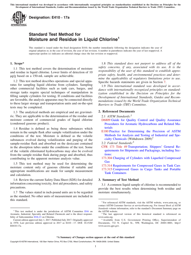 ASTM E410-17a - Standard Test Method for Moisture and Residue in Liquid Chlorine