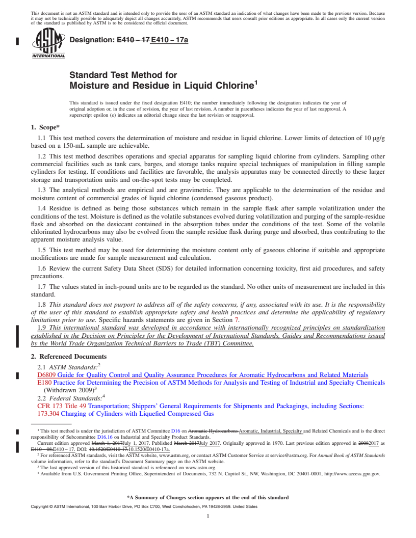 REDLINE ASTM E410-17a - Standard Test Method for Moisture and Residue in Liquid Chlorine