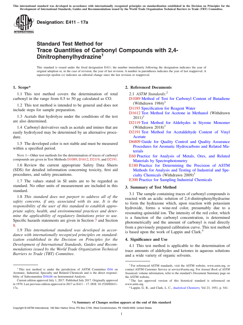 ASTM E411-17a - Standard Test Method for Trace Quantities of Carbonyl Compounds with 2,4-Dinitrophenylhydrazine