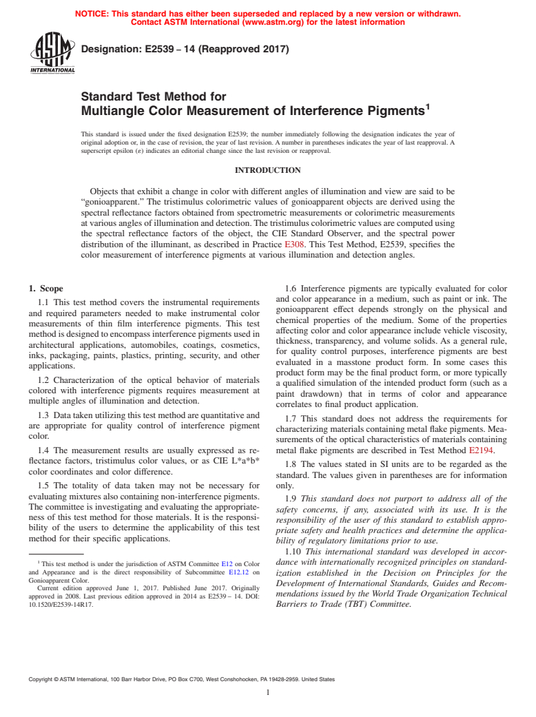 ASTM E2539-14(2017) - Standard Test Method for Multiangle Color Measurement of Interference Pigments