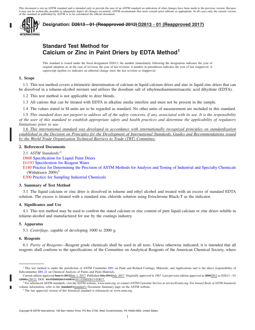 REDLINE ASTM D2613-01(2017) - Standard Test Method for Calcium or Zinc in Paint Driers by EDTA Method