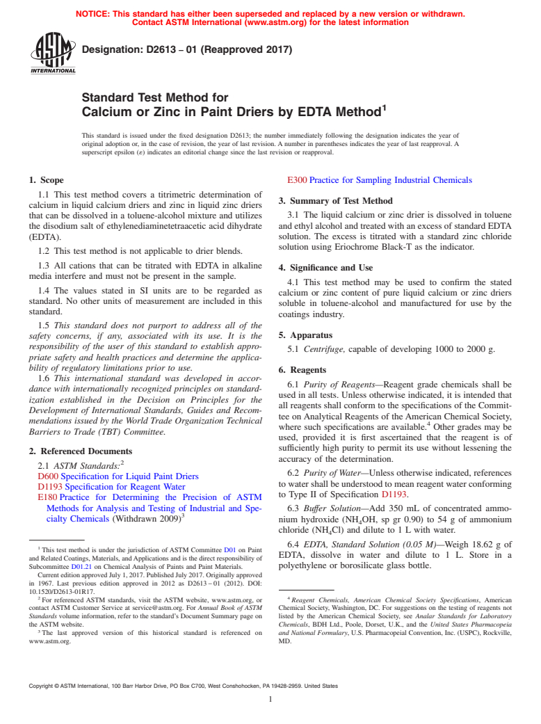 ASTM D2613-01(2017) - Standard Test Method for Calcium or Zinc in Paint Driers by EDTA Method