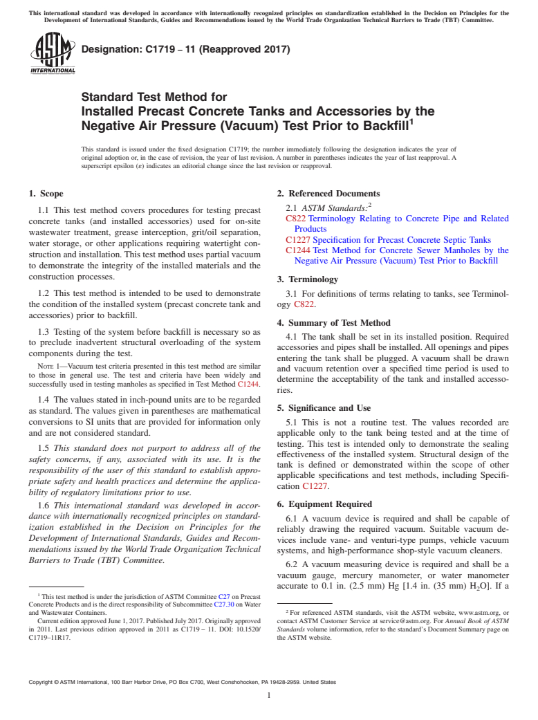 ASTM C1719-11(2017) - Standard Test Method for  Installed Precast Concrete Tanks and Accessories by the Negative   Air Pressure (Vacuum) Test Prior to Backfill