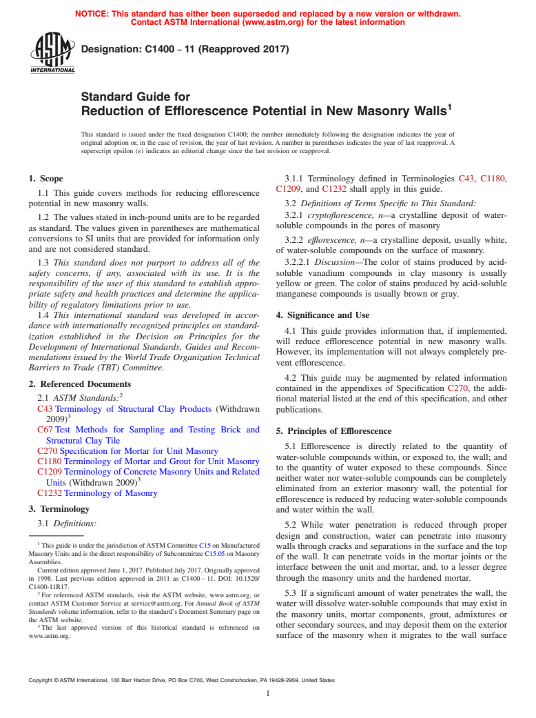 ASTM C1400-11(2017) - Standard Guide for  Reduction of Efflorescence Potential in New Masonry Walls