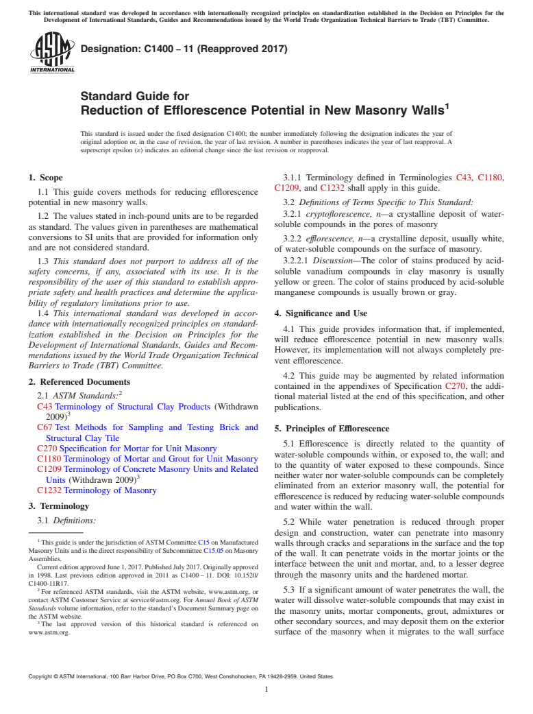 ASTM C1400-11(2017) - Standard Guide for  Reduction of Efflorescence Potential in New Masonry Walls