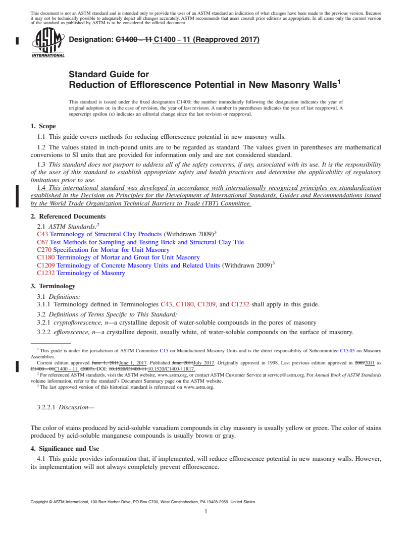 REDLINE ASTM C1400-11(2017) - Standard Guide for  Reduction of Efflorescence Potential in New Masonry Walls
