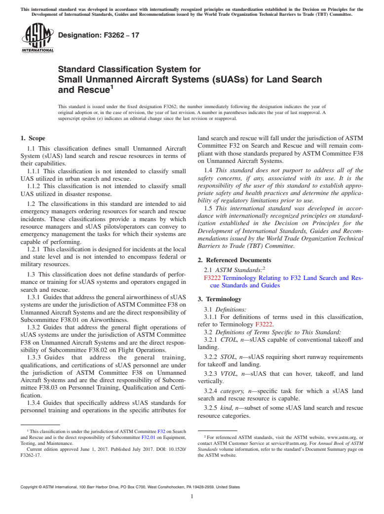 ASTM F3262-17 - Standard Classification System for Small Unmanned Aircraft Systems (sUASs) for Land Search and  Rescue