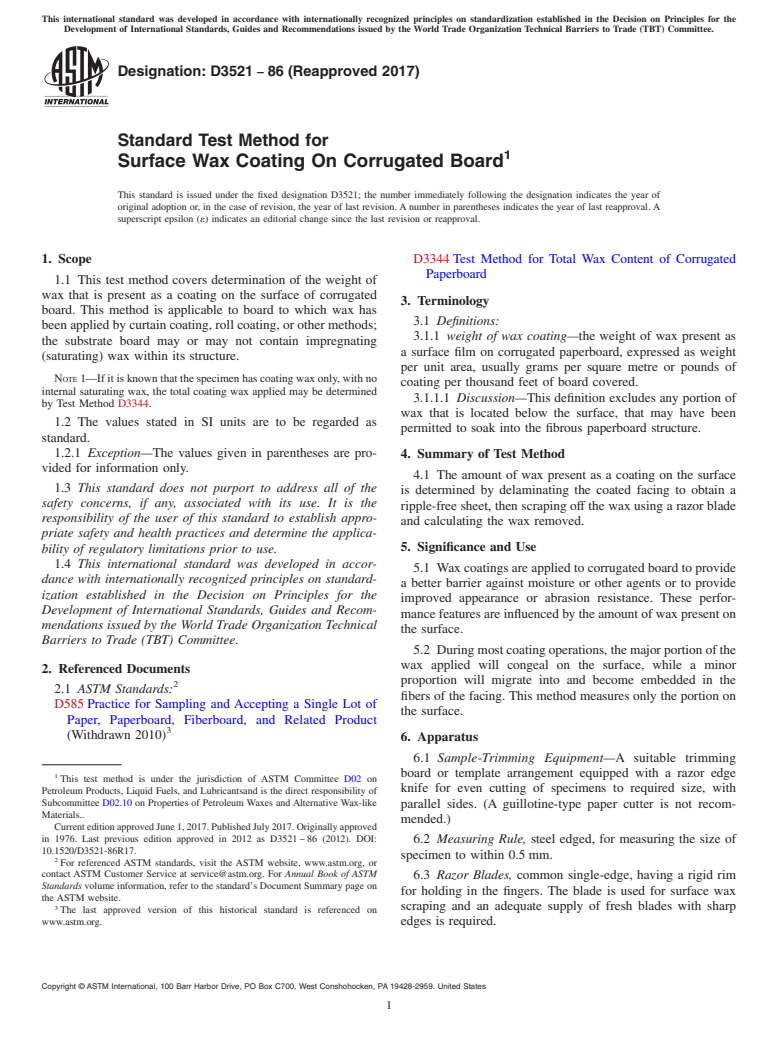 ASTM D3521-86(2017) - Standard Test Method for  Surface Wax Coating On Corrugated Board