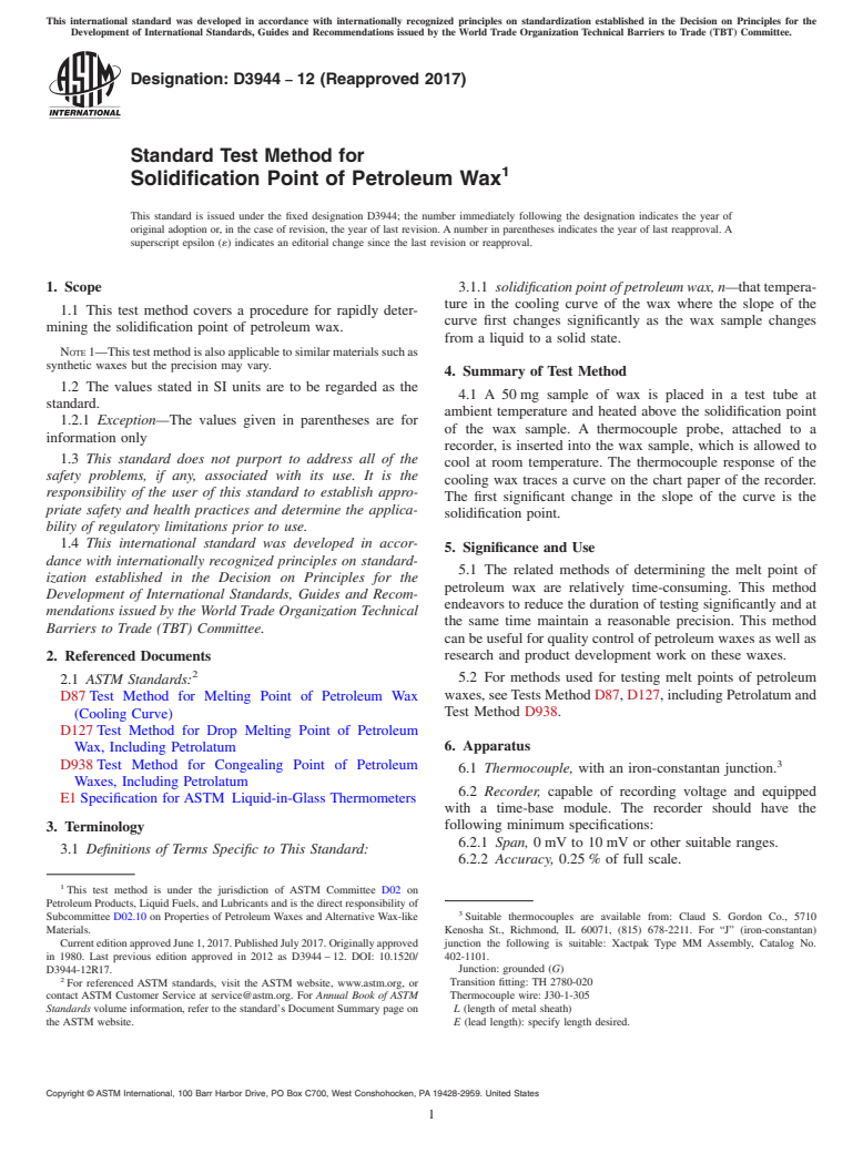 ASTM D3944-12(2017) - Standard Test Method for Solidification Point of Petroleum Wax