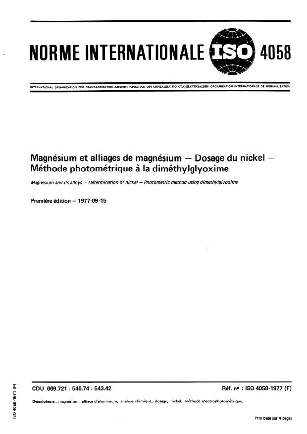 ISO 4058:1977 - Magnésium et alliages de magnésium -- Dosage du nickel -- Méthode photométrique a la diméthylglyoxime