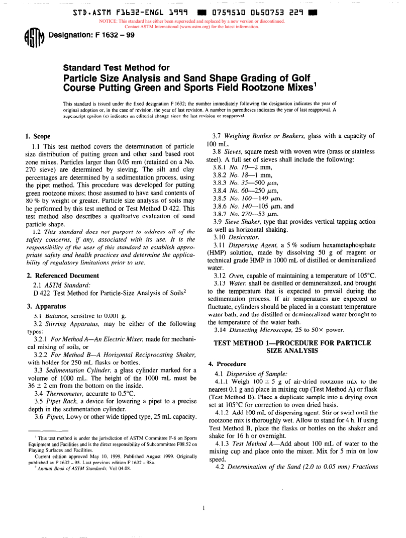 ASTM F1632-99 - Standard Test Method for Particle Size Analysis and Sand Shape Grading of Golf Course Putting Green and Sports Field Rootzone Mixes