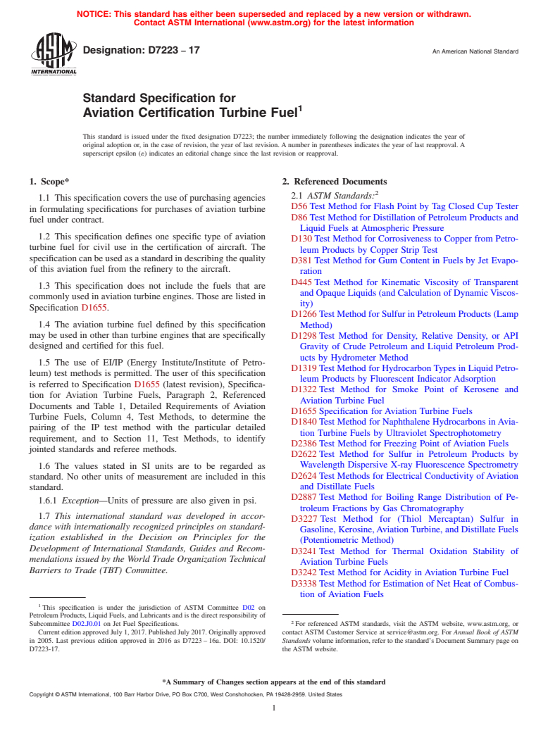 ASTM D7223-17 - Standard Specification for  Aviation Certification Turbine Fuel