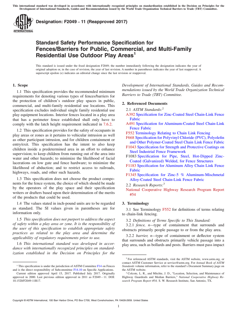 ASTM F2049-11(2017) - Standard Safety Performance Specification for  Fences/Barriers for Public, Commercial, and Multi-Family Residential   Use Outdoor Play Areas