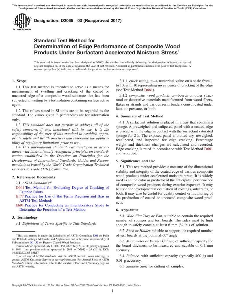 ASTM D2065-03(2017) - Standard Test Method for Determination of Edge Performance of Composite Wood Products   Under  Surfactant Accelerated Moisture Stress