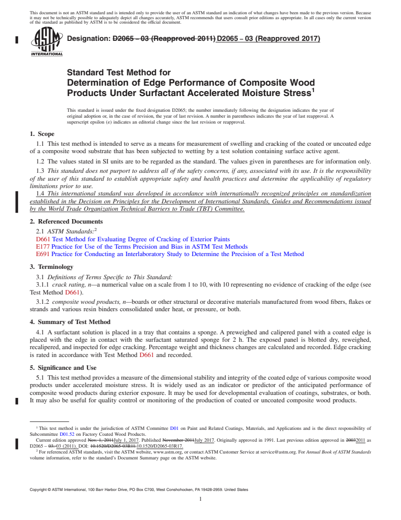 REDLINE ASTM D2065-03(2017) - Standard Test Method for Determination of Edge Performance of Composite Wood Products   Under  Surfactant Accelerated Moisture Stress