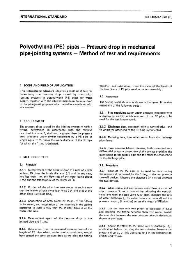 ISO 4059:1978 - Polyethylene (PE) pipes -- Pressure drop in mechanical pipe-jointing systems -- Method of test and requirements