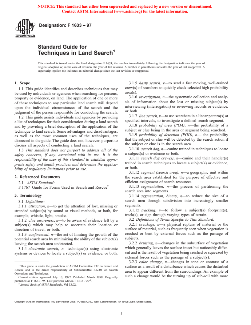 ASTM F1633-97 - Standard Guide for Techniques in Land Search