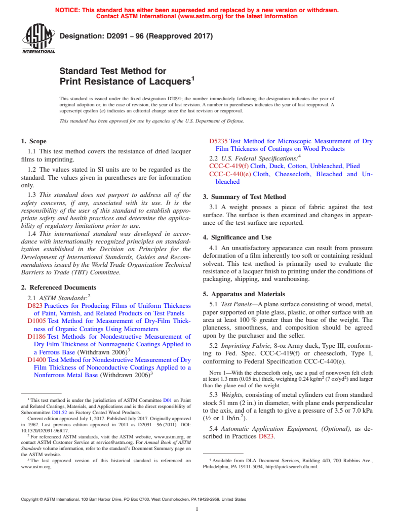 ASTM D2091-96(2017) - Standard Test Method for Print Resistance of Lacquers