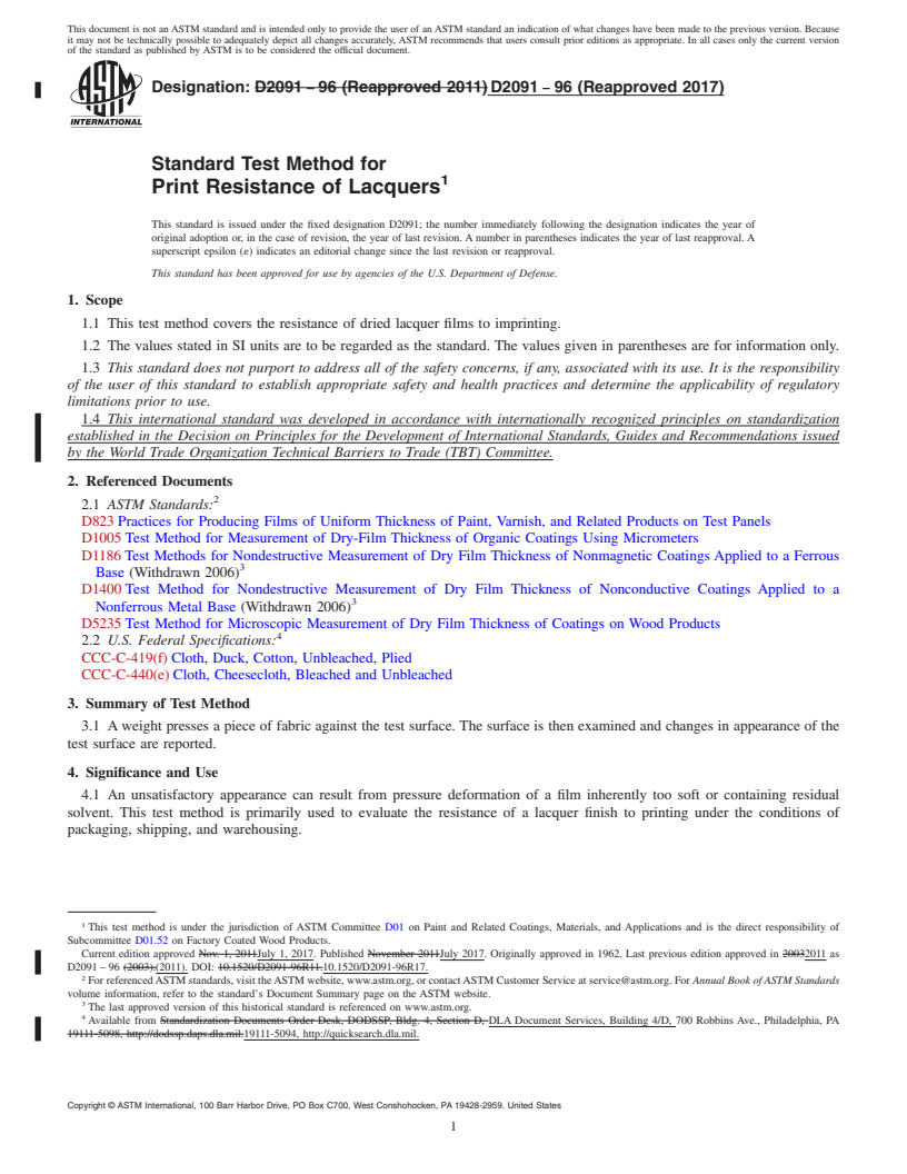 REDLINE ASTM D2091-96(2017) - Standard Test Method for Print Resistance of Lacquers