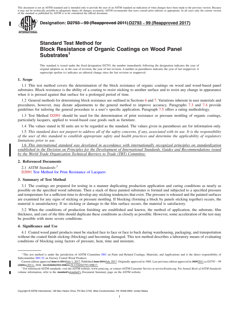 REDLINE ASTM D2793-99(2017) - Standard Test Method for Block Resistance of Organic Coatings on Wood Panel Substrates