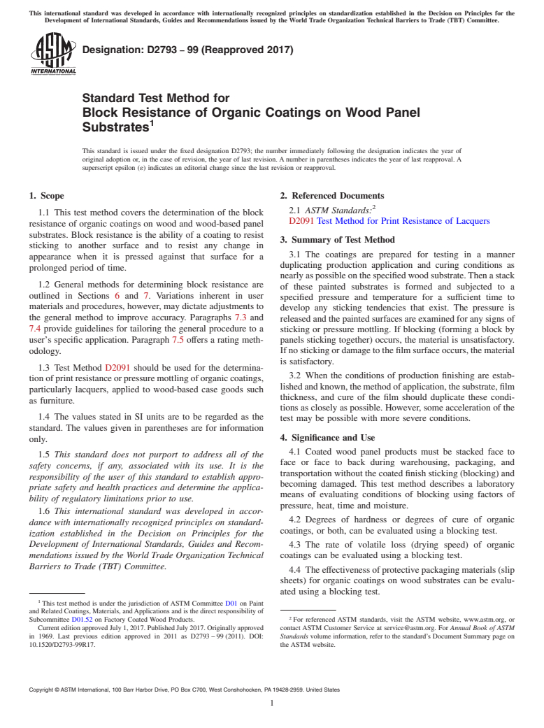 ASTM D2793-99(2017) - Standard Test Method for Block Resistance of Organic Coatings on Wood Panel Substrates