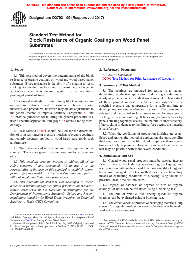 ASTM D2793-99(2017) - Standard Test Method for Block Resistance of Organic Coatings on Wood Panel Substrates