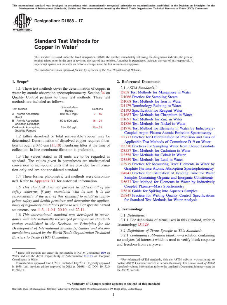 ASTM D1688-17 - Standard Test Methods for  Copper in Water